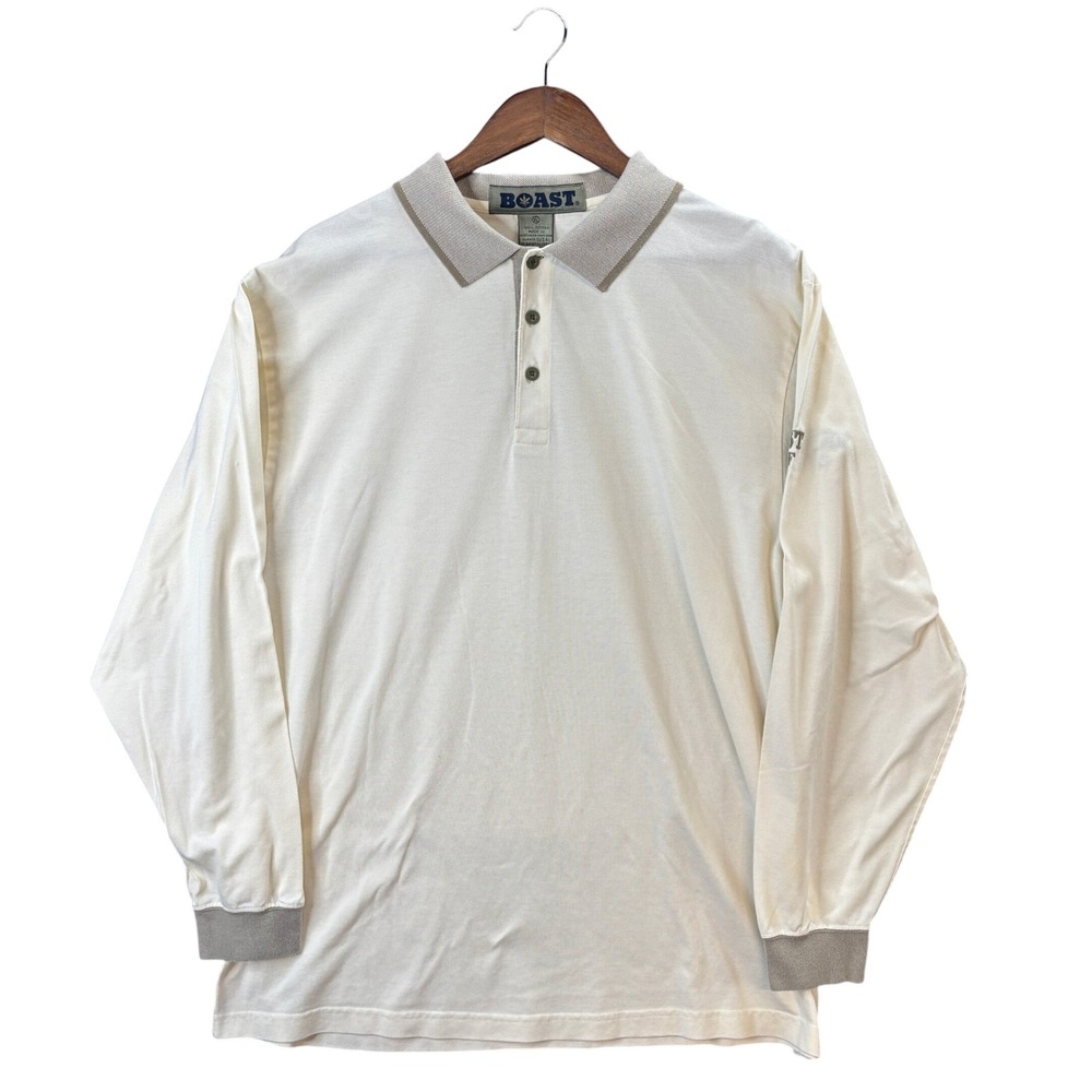 Boast Golf Mens XL Long Sleeve Polo Shirt White Tan Pique Cotton Logo 0539